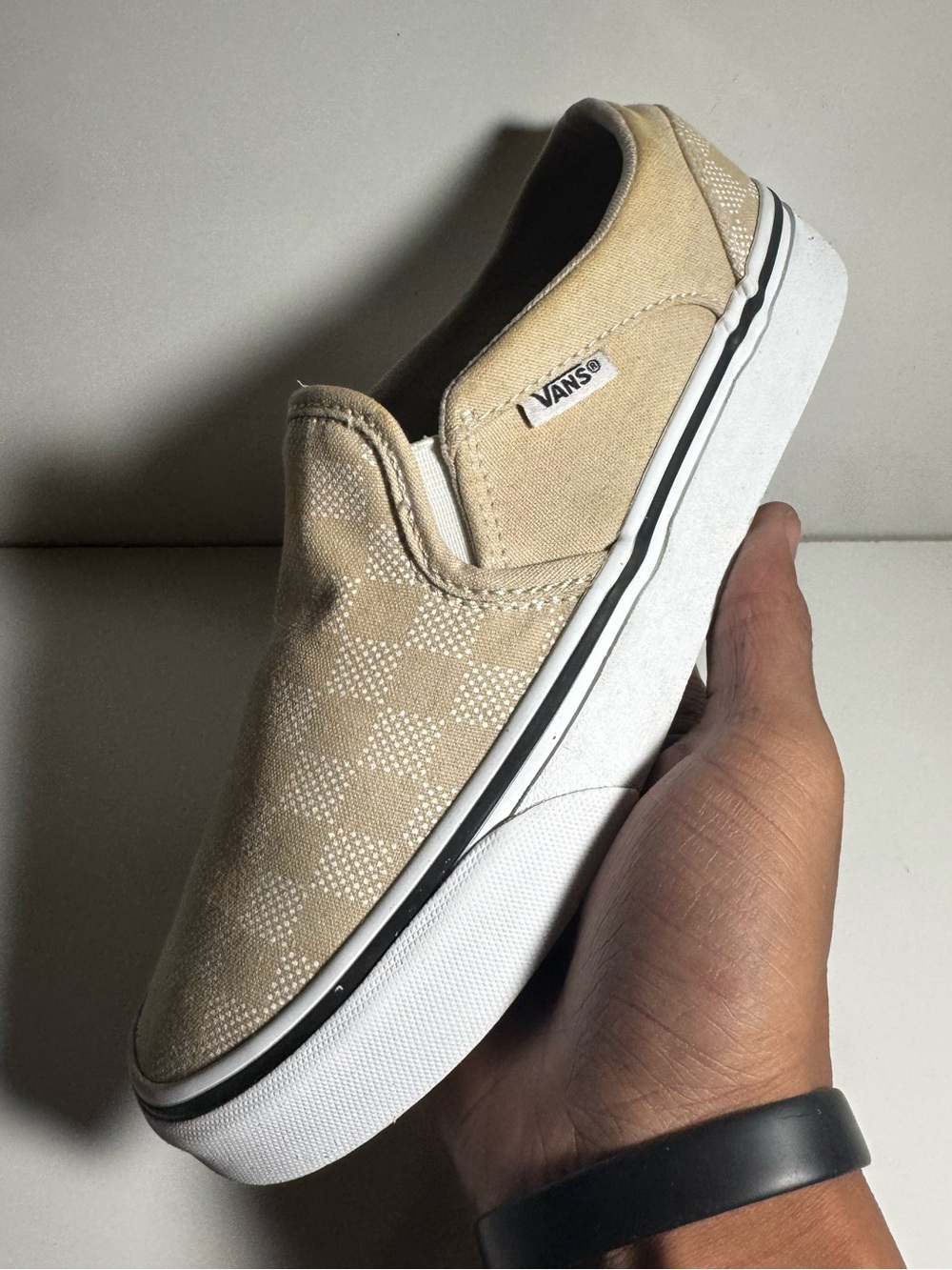 Vans Slip-On Checkerboard Canvas Sneakers “Asher Beige” Women’s Size 6